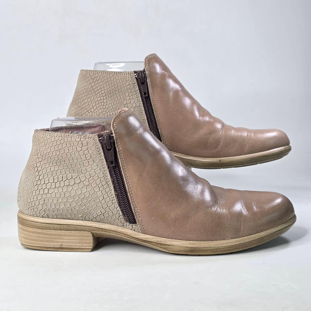 Naot Ankle Boots Women's 6.5 Beige Taupe Leather Snakeskin Embossed Dual Zipper